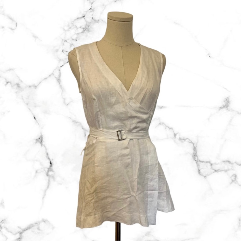 FEMME XS Linen Top Size 32 EU Designer Wrap Belted Blouse Summer V Neck A-Line